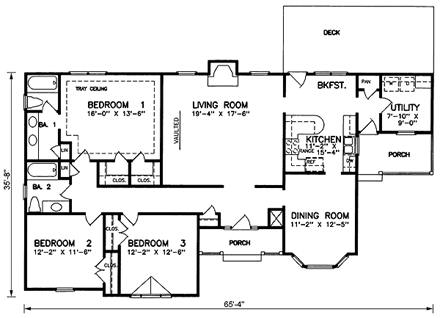 One-Story, Traditional House Plan 45469 with 3 Beds, 2 Baths First Level Plan