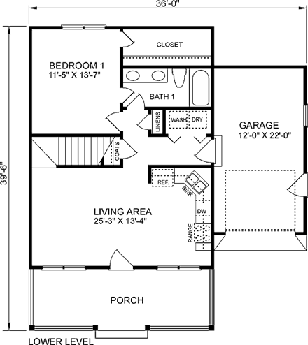 Narrow Lot, Traditional House Plan 45475 with 3 Beds, 2 Baths, 1 Car Garage First Level Plan