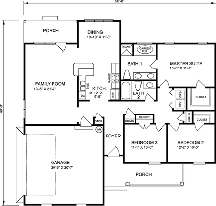 European, One-Story House Plan 45479 with 3 Beds, 2 Baths, 2 Car Garage First Level Plan