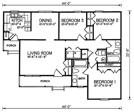 One-Story, Ranch House Plan 45488 with 3 Beds, 2 Baths First Level Plan