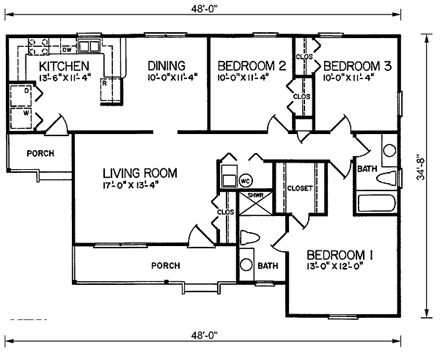 Ranch House Plan 45489 with 3 Beds, 2 Baths First Level Plan
