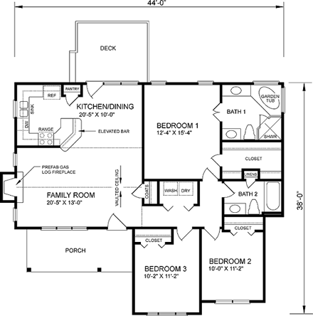 One-Story, Ranch House Plan 45490 with 3 Beds, 2 Baths First Level Plan