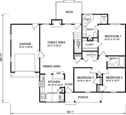 Traditional House Plan 45493 with 3 Beds, 2 Baths, 1 Car Garage First Level Plan