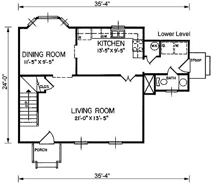 Colonial, Narrow Lot House Plan 45497 with 3 Beds, 2 Baths First Level Plan