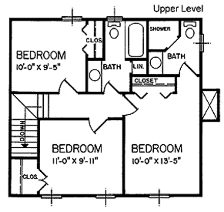 Colonial, Narrow Lot House Plan 45497 with 3 Beds, 2 Baths Second Level Plan