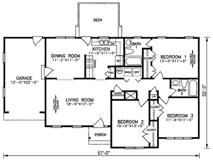 One-Story, Traditional House Plan 45502 with 3 Beds, 2 Baths, 1 Car Garage First Level Plan