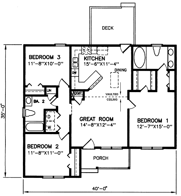 Narrow Lot, Traditional House Plan 45503 with 3 Beds, 2 Baths Level One