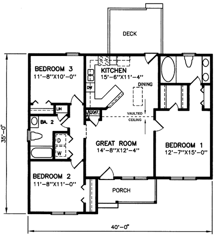 Narrow Lot, Traditional House Plan 45503 with 3 Beds, 2 Baths First Level Plan
