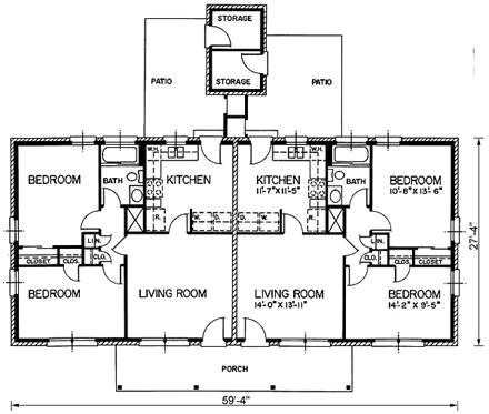 Ranch Multi-Family Plan 45504 with 4 Beds, 2 Baths First Level Plan