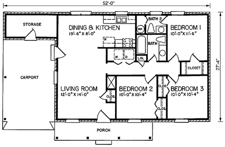 One-Story, Ranch House Plan 45507 with 3 Beds, 2 Baths, 1 Car Garage First Level Plan