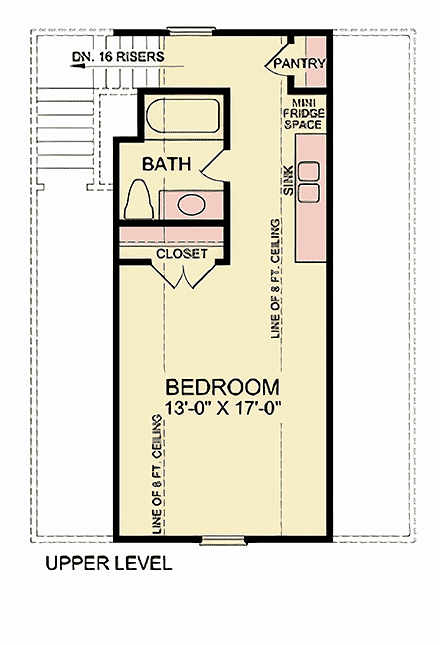 Traditional Garage-Living Plan 45512 with 1 Beds, 1 Baths, 2 Car Garage Second Level Plan