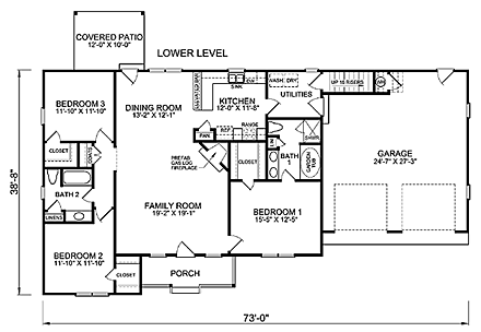 Country, Ranch House Plan 45513 with 3 Beds, 2 Baths, 2 Car Garage First Level Plan