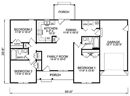 Country, Ranch House Plan 45515 with 3 Beds, 2 Baths, 1 Car Garage First Level Plan