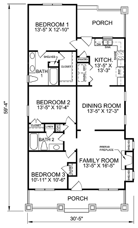 Bungalow, Craftsman House Plan 45516 with 3 Beds, 2 Baths First Level Plan