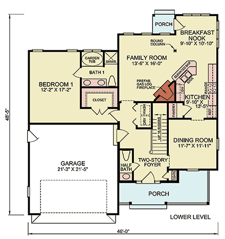 Bungalow, Craftsman House Plan 45518 with 3 Beds, 3 Baths, 2 Car Garage First Level Plan