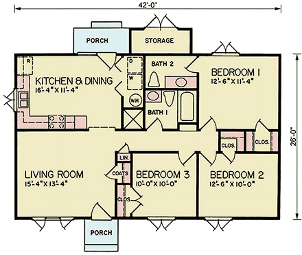 Ranch, Traditional House Plan 45524 with 3 Beds, 2 Baths First Level Plan