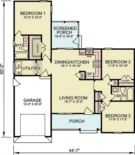 Ranch, Traditional House Plan 45525 with 3 Beds, 2 Baths, 1 Car Garage First Level Plan