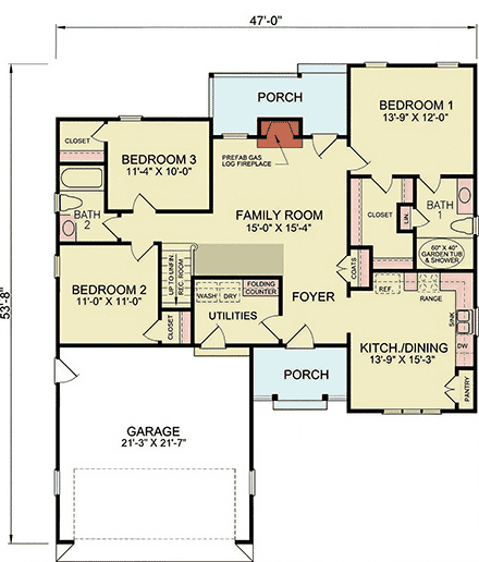 Ranch, Traditional House Plan 45526 with 3 Beds, 2 Baths, 2 Car Garage First Level Plan