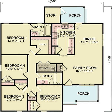 Ranch, Traditional House Plan 45528 with 4 Beds, 2 Baths First Level Plan