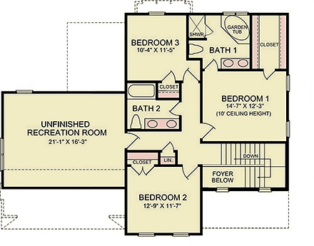 Craftsman, Traditional House Plan 45529 with 3 Beds, 3 Baths, 2 Car Garage Second Level Plan