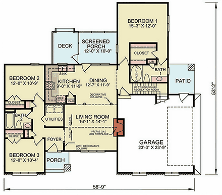 Bungalow, Traditional House Plan 45530 with 3 Beds, 2 Baths, 2 Car Garage First Level Plan