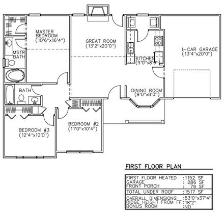 One-Story, Ranch House Plan 45600 with 3 Beds, 2 Baths, 1 Car Garage First Level Plan