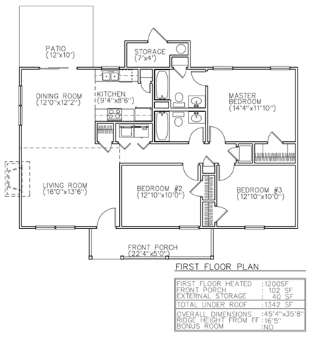 One-Story, Ranch House Plan 45601 with 3 Beds, 2 Baths First Level Plan
