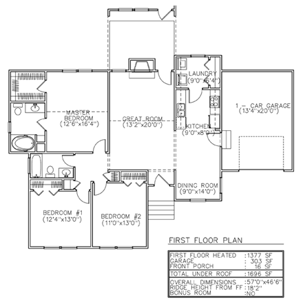 One-Story, Traditional House Plan 45607 with 3 Beds, 2 Baths, 1 Car Garage First Level Plan