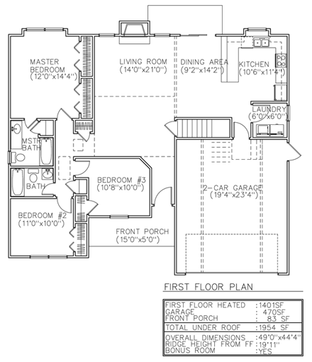 One-Story, Ranch House Plan 45610 with 3 Beds, 2 Baths, 2 Car Garage First Level Plan