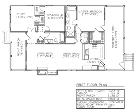 Bungalow, Contemporary, Narrow Lot, One-Story House Plan 45612 with 2 Beds, 2 Baths First Level Plan