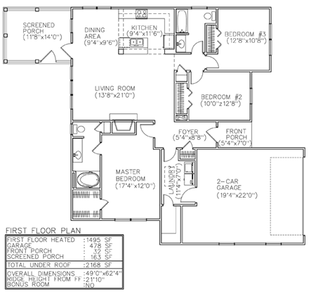 One-Story, Ranch House Plan 45617 with 3 Beds, 2 Baths, 2 Car Garage First Level Plan