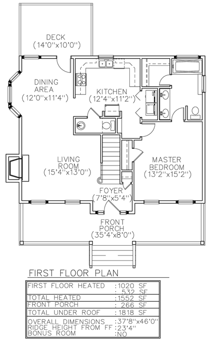 Cape Cod, Narrow Lot House Plan 45622 with 3 Beds, 3 Baths First Level Plan