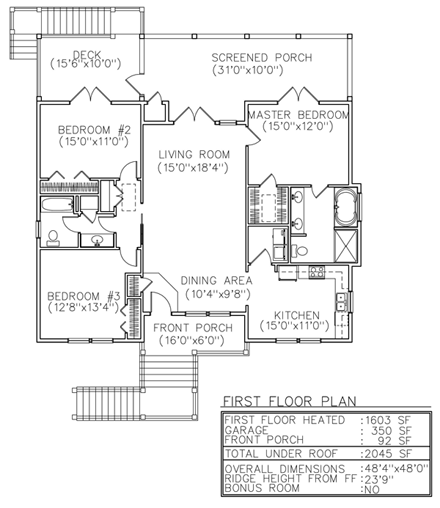 Coastal, One-Story House Plan 45631 with 3 Beds, 2 Baths, 2 Car Garage First Level Plan