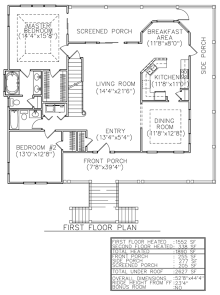 Coastal House Plan 45639 with 3 Beds, 3 Baths First Level Plan