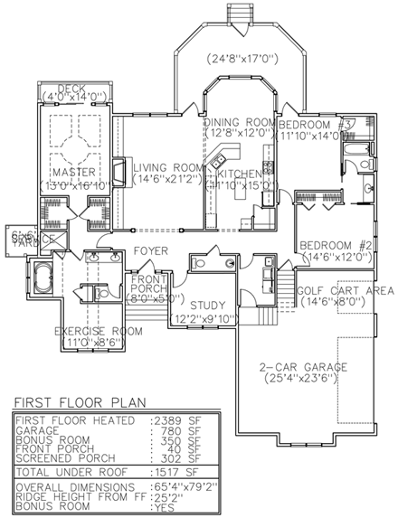 European House Plan 45649 with 3 Beds, 3 Baths, 2 Car Garage First Level Plan