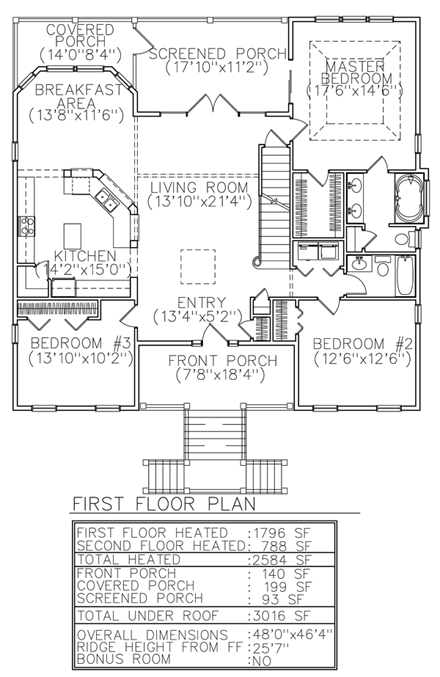 Coastal House Plan 45653 with 4 Beds, 3 Baths First Level Plan