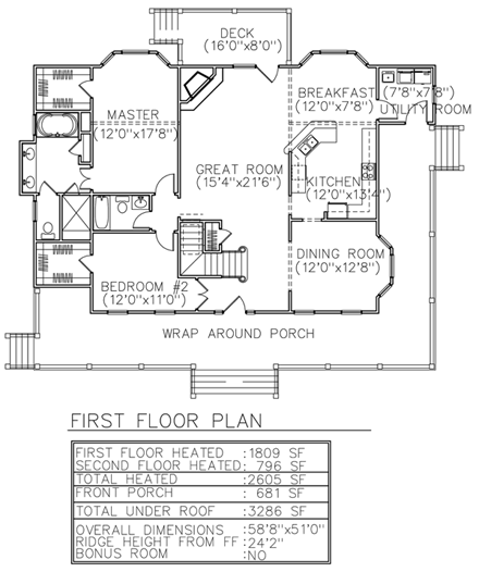 Country, Farmhouse House Plan 45654 with 4 Beds, 3 Baths First Level Plan