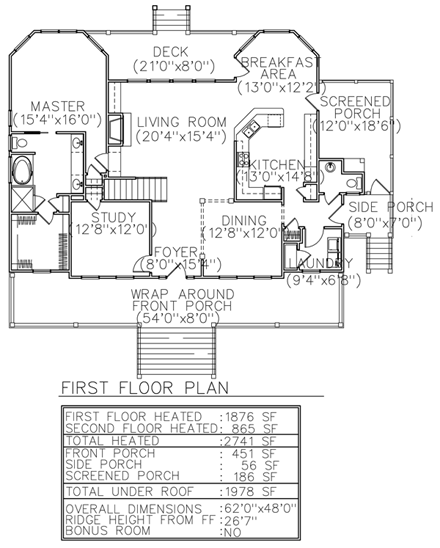 Country, Southern House Plan 45656 with 3 Beds, 3 Baths First Level Plan