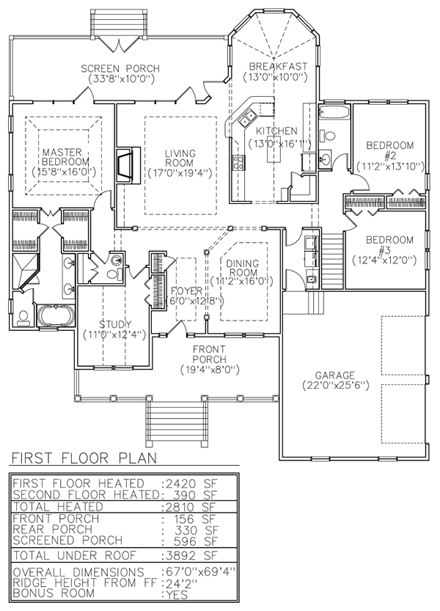 Country, Traditional House Plan 45658 with 3 Beds, 4 Baths, 2 Car Garage First Level Plan