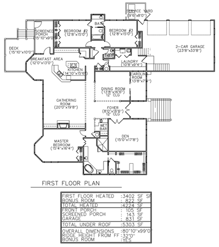 European House Plan 45664 with 3 Beds, 4 Baths, 2 Car Garage First Level Plan