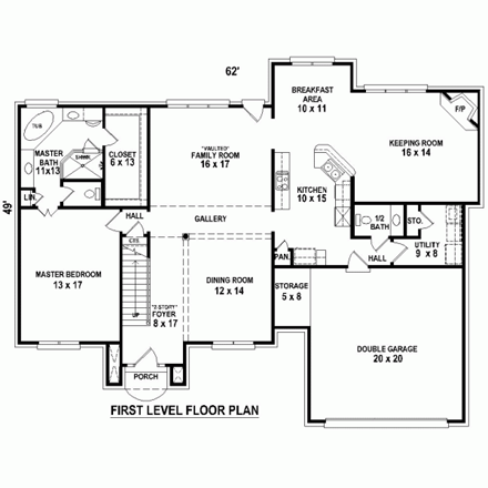 Traditional House Plan 45711 with 4 Beds, 4 Baths, 2 Car Garage First Level Plan