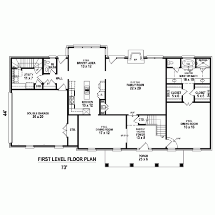 Traditional House Plan 45715 with 3 Beds, 4 Baths, 2 Car Garage First Level Plan