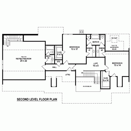 Traditional House Plan 45715 with 3 Beds, 4 Baths, 2 Car Garage Second Level Plan