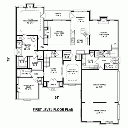 European House Plan 45727 with 4 Beds, 5 Baths, 3 Car Garage First Level Plan