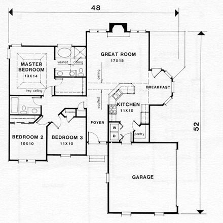 Traditional House Plan 45804 with 3 Beds, 2 Baths, 2 Car Garage First Level Plan