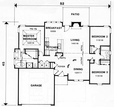 Traditional House Plan 45805 with 3 Beds, 2 Baths, 2 Car Garage First Level Plan