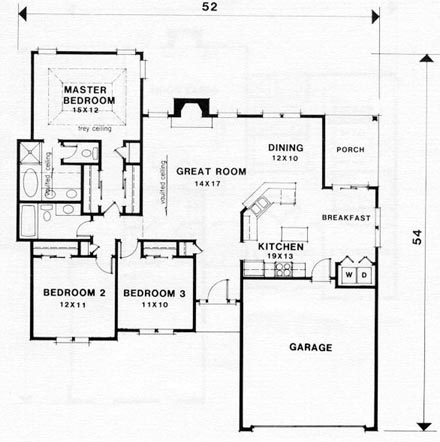 Traditional House Plan 45809 with 3 Beds, 2 Baths, 2 Car Garage First Level Plan