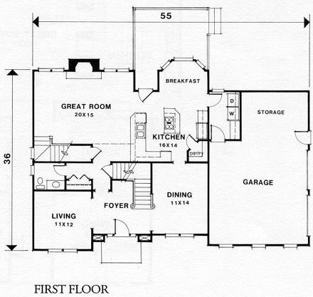 Traditional House Plan 45839 with 4 Beds, 4.5 Baths, 2 Car Garage First Level Plan