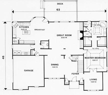 European House Plan 45844 with 4 Beds, 3.5 Baths, 2 Car Garage First Level Plan