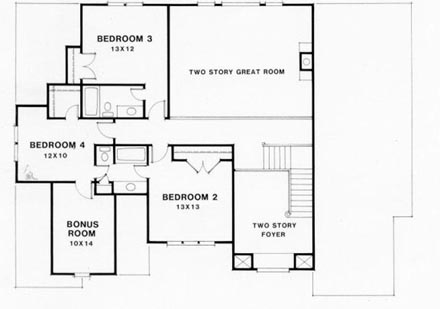 European House Plan 45844 with 4 Beds, 3.5 Baths, 2 Car Garage Second Level Plan